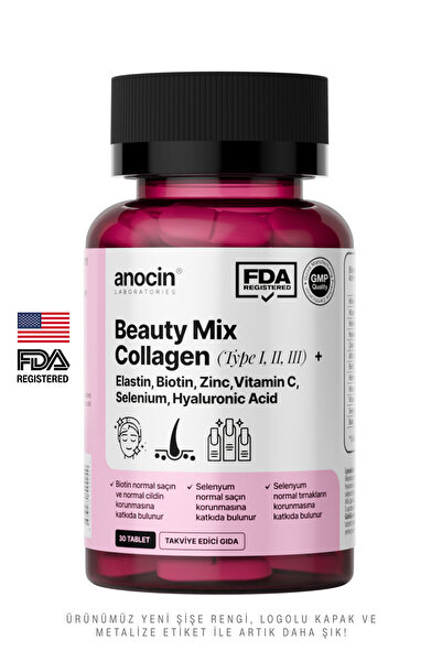 anocin BEAUTY MİX COLLAGEN TİP I,II,III +ELASTİN,BİOTİN,ZİNC, VİTAMİN C, SELENYUM, HYALURONİC ACİD, KOLAJEN