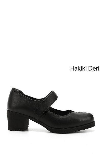 GÖNDERİ(R) Women's Black Medium Thick Heeled Genuine Leather Shoes