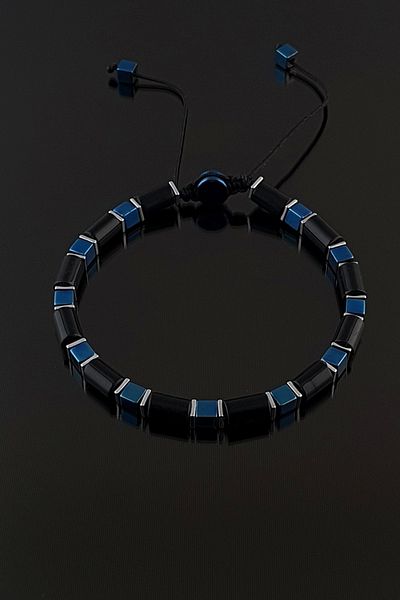 Seven Art Jewelry Natural Stone Bracelet, Blue Hematite Cube and Black Agate Bracelet, Adjustable, Men's Bracelet, Women's Bi