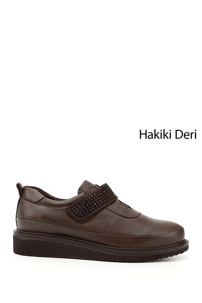 GÖNDERİ(R) Women's Brown Antique Wedge Sole Stone Detailed Genuine Leather Shoes