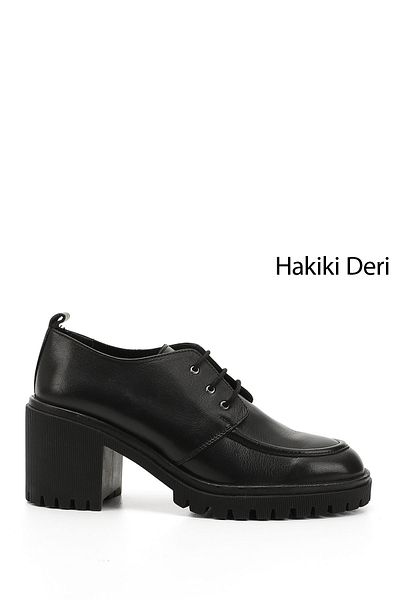 GÖNDERİ(R) Black Genuine Leather Round Toe Thick Heeled Lace up Women's Shoes 24300