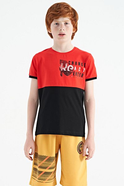TOMMY LIFE Fiesta Print Detailed Color Blocked Standard Mold O Neck Boy's T-shirt - 11107