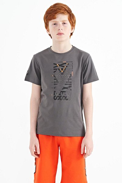 TOMMY LIFE Dark Gray Front Print Detailed O Neck Standard Fit Boy's T-shirt - 11099