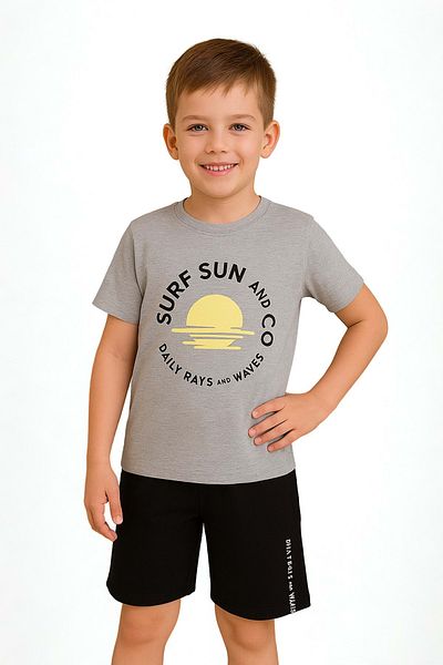 wakawakakidsstore Surf Sun and Waves" Printed Gray T-Shirt and Black Shorts Boys Casual Set - Giri Melange