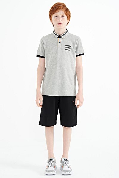 TOMMY LIFE Gray Melange Collar Color Block Print Detailed Standard Fit Boy's T-shirt - 11111