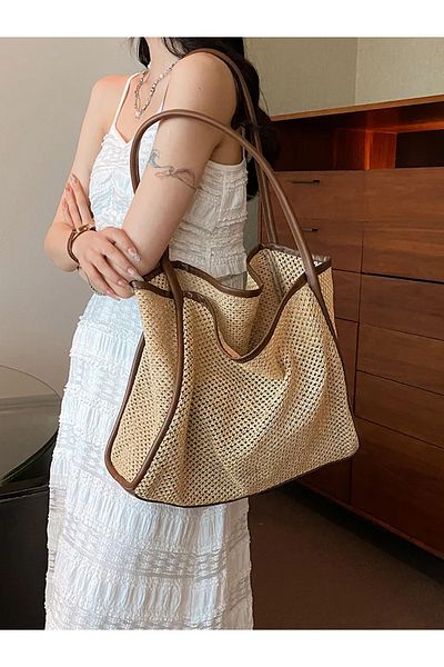 Mojeva Rose Mesh Braided Puppy Straw Women's Hand, Arm and Shoulder Bag