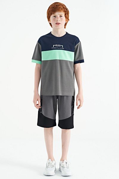 TOMMY LIFE Dark Gray Gradient Embroidered Oversize Boy's T-shirt - 11159