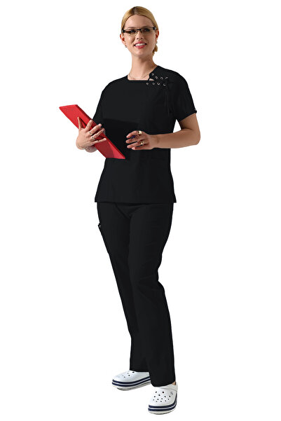 BEDUCA زي طبي بتفاصيل ياقة ليكرا سوداء، زي فني تجميل ومركز تجميل