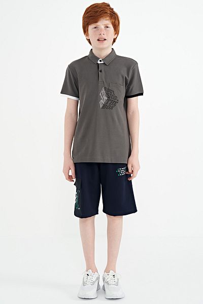TOMMY LIFE Dark Gray Front Pocket Detailed Printed Standard Mold Polo Collar Boy T-shirt - 11102