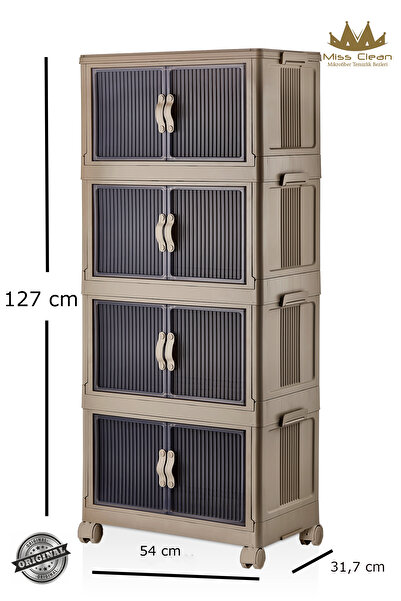 MissClean 4 LÜ Özel Set Çok Amaçlı Kapaklı Portatif Istiflenebilir Organizer Dolap Tekerlekli Toprak Rengi