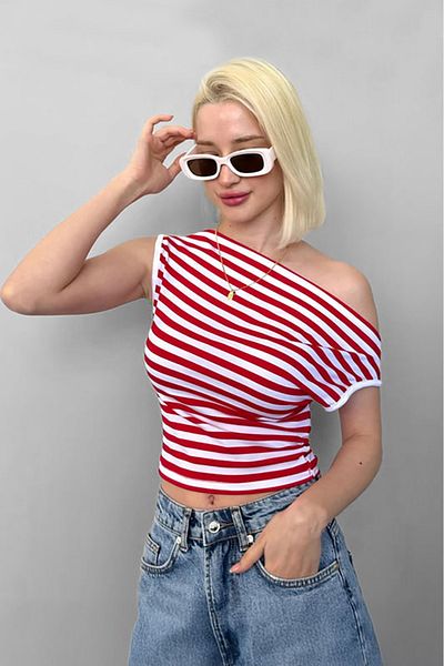 Madmext Red Off Shoulder Striped Blouse Mg2467