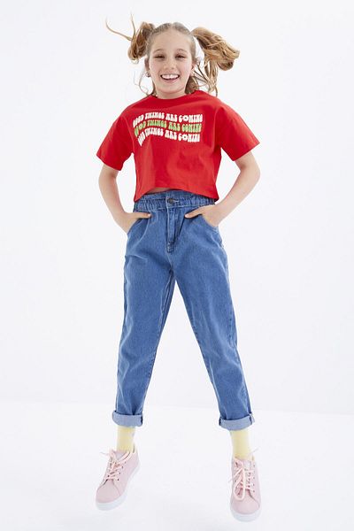 TOMMY LIFE Pomegranate Flower Oversize Colorful Text Printed Off Shoulder O Neck Girl's Crop T-shirt - 75038