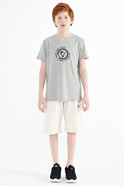 TOMMY LIFE Gray Melange Embroidery Detailed O Neck Standard Mold Boy's T-shirt - 11115