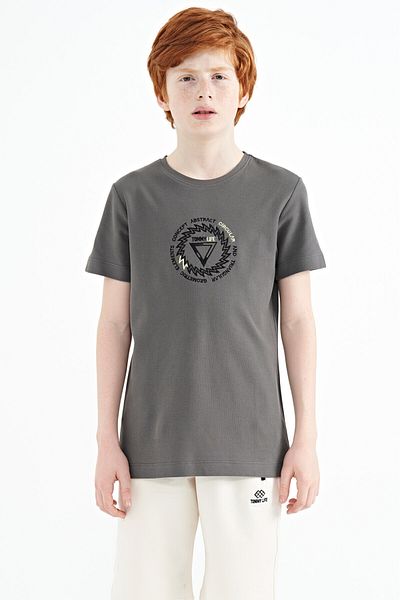 TOMMY LIFE Dark Gray Embroidery Detailed O Neck Standard Mold Boy's T-shirt - 11115