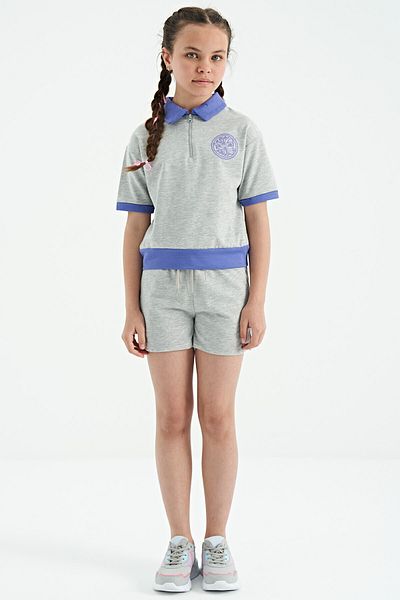 TOMMY LIFE Gray Melange Collared Short Sleeve Comfortable Form Girls' Shorts Set - 75131