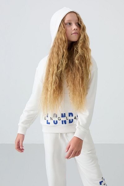 TOMMY LIFE Ecru Cotton Furry Inside Soft Textured Oversize Printed Girl's Tracksuit Set - 75147