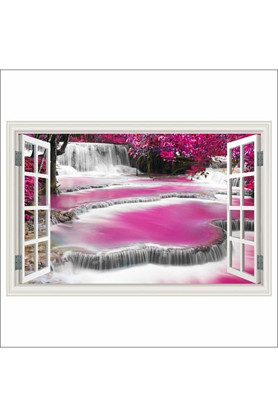 media Fototapet de perete autoadeziv si lavabil Fereastra Cascada roz, 300 x 200 cm