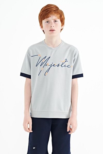 TOMMY LIFE Gray Front Letter Embroidered O Neck Oversize Boy's T-shirt - 11147