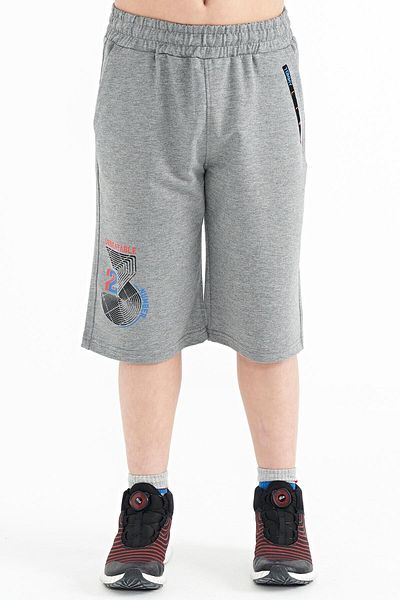 TOMMY LIFE Grey Melange Printed Detailed Lace-up Standard Mold Boy Shorts - 11128
