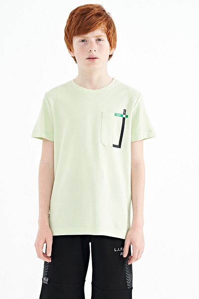 TOMMY LIFE Light Green Pocket Detailed O Neck Standard Mold Boy's T-shirt - 11120