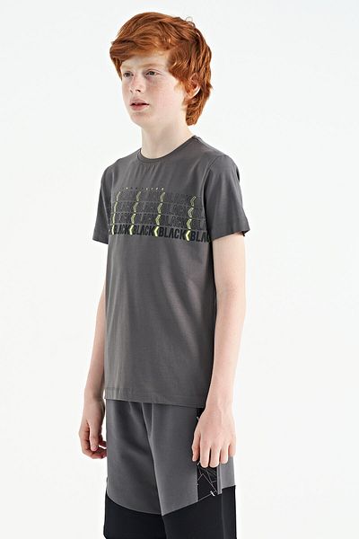 TOMMY LIFE Dark Gray Text Printed O Neck Standard Fit Boy's T-shirt - 11149