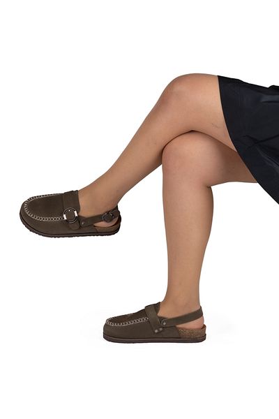 TwoEgoist Sandale de zi cu zi pentru femei, piele de căprioară autentică, cu toc de 4,5 cm