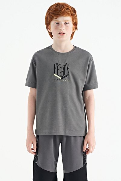 TOMMY LIFE Dark Gray Embroidered O-neck Oversize Boy's T-shirt - 11151