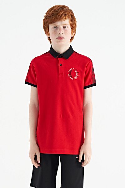 TOMMY LIFE Red Print Detailed Pola Collar Standard Mold Boy T-shirt - 11166