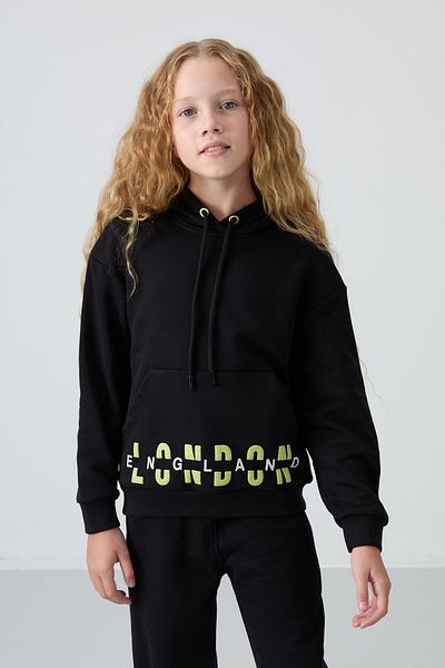 TOMMY LIFE Μαύρο βαμβακερό γούνινο μαλακό υφή Oversize εμπριμέ κοριτσίστικο κοστούμι - 75147