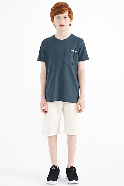 TOMMY LIFE Tricou pentru băieți, verde pădure, cu buzunar detaliat, cu decolteu în formă standard - 11120