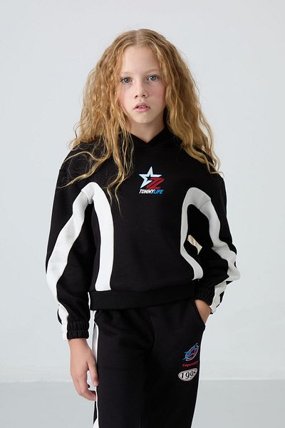 TOMMY LIFE Σετ φόρμας για κορίτσια με μαύρη στάμπα - βαμβακερή επένδυση, τρίχες εσωτερικά, απαλή υφή, τυπική εφαρμογή - 75166