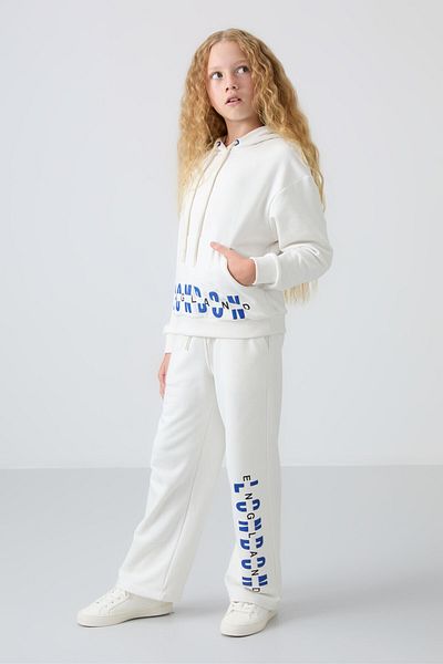 TOMMY LIFE Ecru Cotton Furry Inside Soft Textured Oversize Printed Girl's Tracksuit Set - 75147