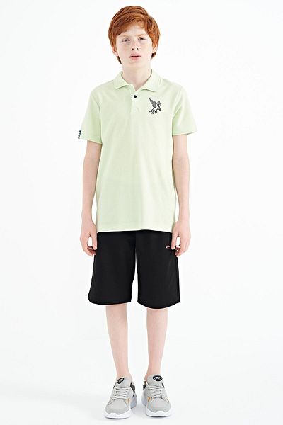 TOMMY LIFE Light Green Minimal Embroidery Detailed Standard Pattern Polo Neck Boy's T-shirt - 11084