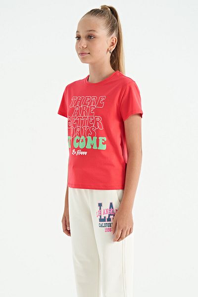 TOMMY LIFE Rose O Neck Text Printed Comfortable Form Short Sleeve Cropped Girl's T-Shirt - 75118