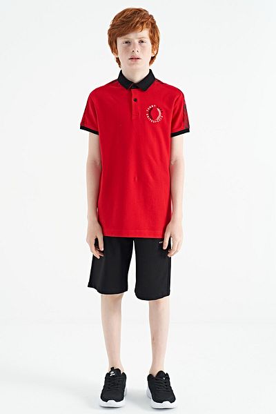 TOMMY LIFE Red Print Detailed Pola Collar Standard Mold Boy T-shirt - 11166