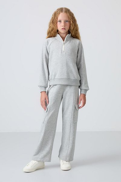 TOMMY LIFE Gray Embroidered Girl's Tracksuit Set - Melange Cotton, Furry Inner, Soft Texture - 75159