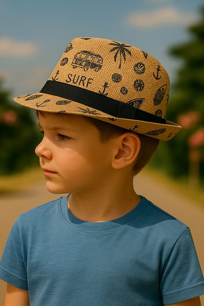 Avantaj Kapıda Children's Trilby Straw Hat Summer Patterned Boy Girl Fedora Beach Hat with Shade