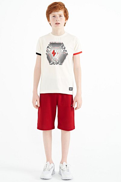 TOMMY LIFE Ecru Sleeve End Colored Detailed Printed Standard Mold Boy's T-shirt - 11156
