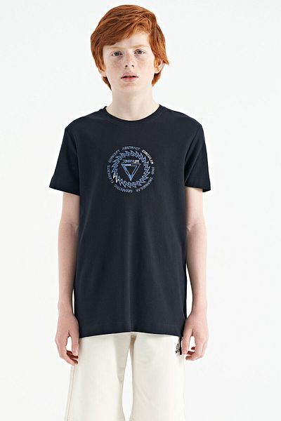 TOMMY LIFE Тъмносиня тениска за момче с детайлна бродерия и О-образно деколте - 11115