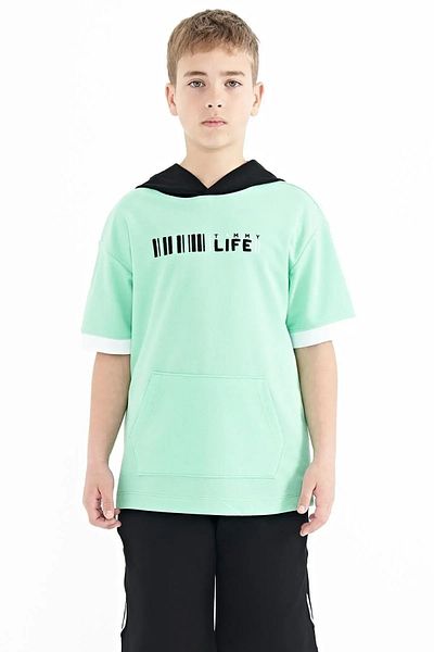 TOMMY LIFE Water Green Color Block Hooded Oversize Boy's T-shirt with Kangaroo Pocket - 11148