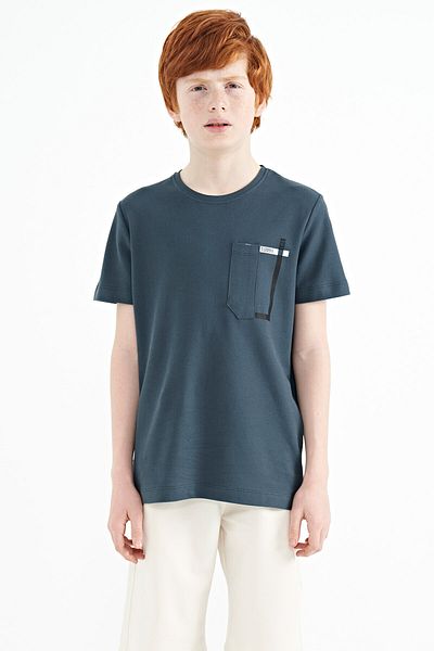 TOMMY LIFE Tricou pentru băieți, verde pădure, cu buzunar detaliat, cu decolteu în formă standard - 11120