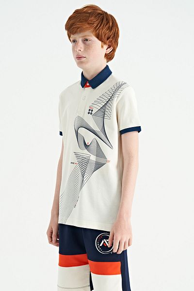 TOMMY LIFE Ecru Print Detailed Standard Pattern Polo Neck Boys' T-Shirt - 11164