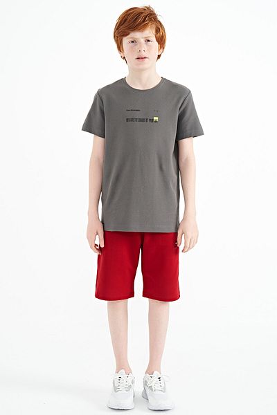 TOMMY LIFE Dark Gray Printed Detailed O Neck Standard Fit Boy's T-shirt - 11117