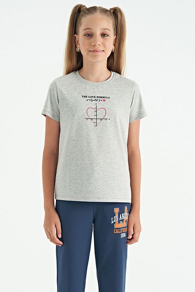 TOMMY LIFE Gray Melange O-neck Printed Detailed Comfortable Fit Girls' T-Shirt - 75129