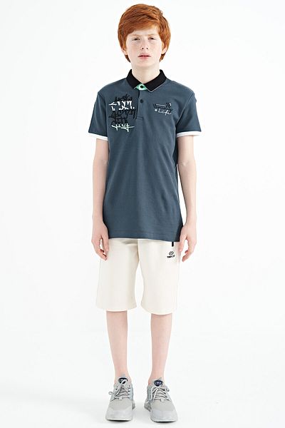 TOMMY LIFE Forest Green Text Embroidery Detailed Standard Pattern Polo Neck Boy's T-shirt - 11085