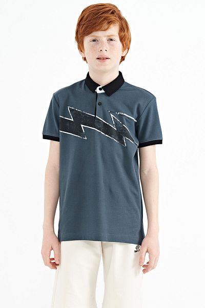 TOMMY LIFE Tricou pentru băiat, cu detaliu, cu imprimeu verde pădure, cu decor standard, cu gât polo - 11154