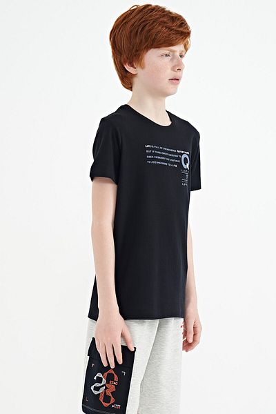 TOMMY LIFE Tricou pentru băiat cu imprimeu albastru bleumarin, cu decolteu în formă de O, standard Mold Mold - 11145