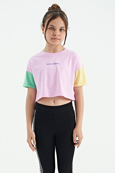 TOMMY LIFE Tricou pentru fetiță, supradimensionat, cu umăr jos, cu imprimeu text roz - 75130