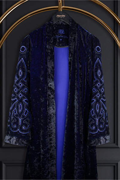 Muslima Wear Okyanus Mavisi Gölgeli Japon Kadife Oryantal Desen Kollar Nakış İşlemeli Bilek Şeritli Abaya