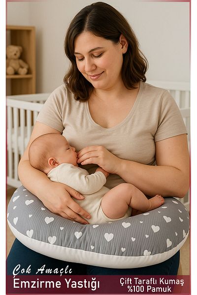HALZEY Double Sided Breastfeeding Pillow / Baby Support Cushion, Pregnancy Pillow, Cotton Fabric, Gray Heart Pattern
